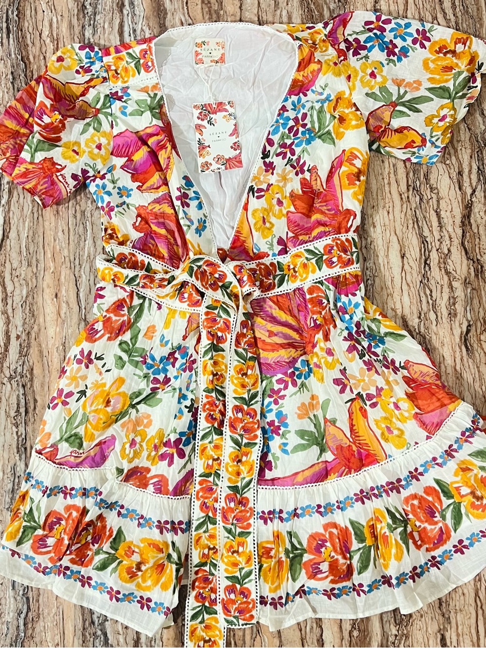 Sezane Floral Cotton Mini Dress in White with Yellow, Pink & Orange Flowers - Picture 1 of 5